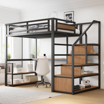 DESMIU Hoogslaper 140x200 cm - Met Bureau En Opbergtrap - Veilig Hek Met Houtlook Panelen - Ruimtebesparend Voor Slaapkamer - Metaal - Zwart - Zonder matras