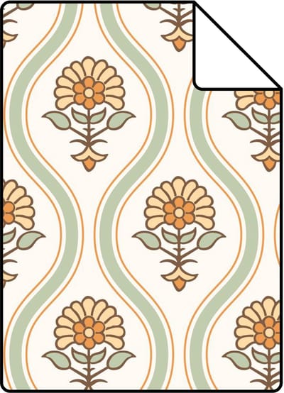 Proefstaal ESTAhome behang vintage bloemen groen, geel en oranje - 26.5 x 21 cm - 131739-S