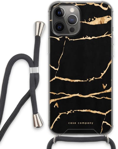 Case Company® - Hoesje met koord geschikt voor iPhone 13 Pro Max hoesje met Koord - Gouden marmer - Telefoonhoesje met Zwart Koord - Bescherming aan alle Kanten en Over de Schermrand