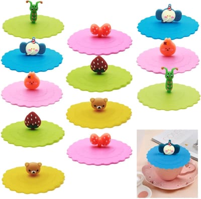 Dailygoods- Siliconen Deksels 12 Stuks - Anti-stof Deksel - Herbruikbare Deksel - Drinkglazen Deksel - Cartoon Greep - 10 CM - Bekerdeksel