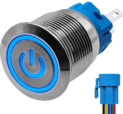 ProRide Metalen Drukschakelaar 220V ON-OFF met Aansluitkabel - 19mm - Aan/uit schakelaar - Spatwaterdicht - LED Indicatie Blauw