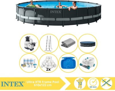 Intex Ultra XTR Frame Zwembad - Opzetzwembad - 610x122 cm - Inclusief Onderhoudspakket, Filterbollen, Luxe Zwembad Stofzuiger en Voetenbad