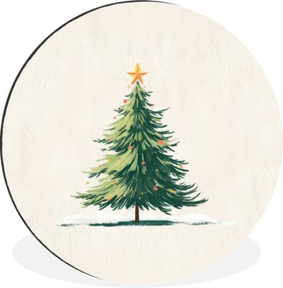 WallCircle - Wandcirkel - Muurcirkel - Kerstboom - Illustratie - Ster - Sneeuw - Aluminium - Dibond - 30x30 cm - Binnen en Buiten