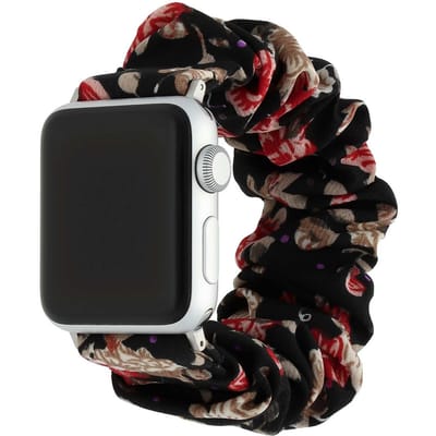 123watches bandje Savara - scrunchie - nylon - zwart met bloemen - 44 · 45 · 46 & 49 mm · S/M - Geschikt voor Apple Watch series 1/2/3/4/5/6/7/8/9/10/11/12/SE/SE2/SE3/Ultra/Ultra 2/Ultra 3/Ultra 4