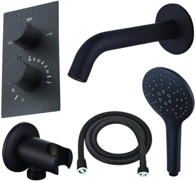 FugaFlow Eccelente Acces Badkraan set - uitloop - 22cm inkortbaar - metalen slang - ronde handdouche - inbouwdeel - wandhouder - mat zwart