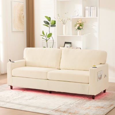MODFU Tweezitsbank - Met USB-C En Ledverlichting - Met Bekerhouders En Opbergvakken - Chenille - Beige - 203 X 77,5 X 86 Cm