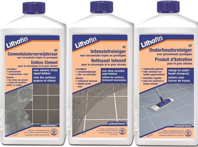 Lithofin KF Reinigingsset NIEUWE VLOER - Cementsluier, Intensief- en Onderhoudsreiniger - KERAMISCHE TEGELS -  3 x 1L