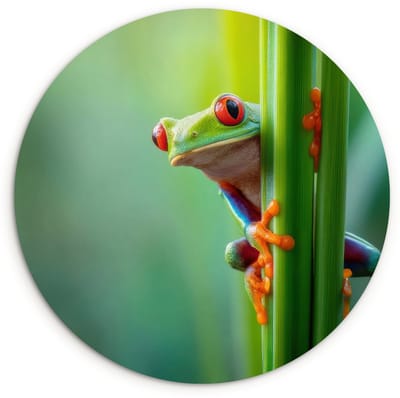 WallCircle® Wandcirkel 120x120 cm - Muurcirkel Groene kikker - Nieuwsgierig - Gras - Muurdecoratie woonkamer - Wanddecoratie slaapkamer - Kamer decoratie accessoires - Ronde schilderijen XXL