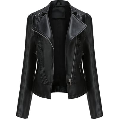 Dames Leren Jas met Kralen Dames Lange Mouw Modejas Revers Motorjas Dunne Lente en Herfst Dames Clip-On XS black