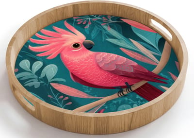 Dienblad rond 40x40 cm - Schootdienblad hout - Kaketoe - Tropische bladeren - Tak - Borrelplank rechthoek - Plateau houten dienbladen