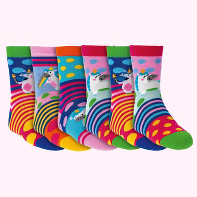 Kindersokken | huissokken | antislip | vrolijke sokken | badstof sokken | per 6 paar | thema: kleurrijke eenhoorn
