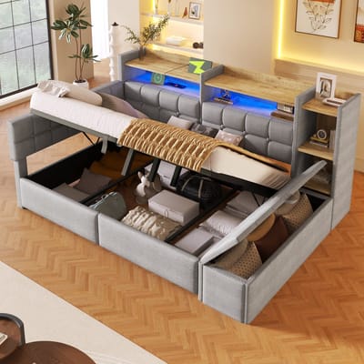 Slaapbank 140x200 cm - met opbergruimte en LED-verlichting - USB- en Type-C-aansluitingen - opbergpoef - zonder matras - grijs