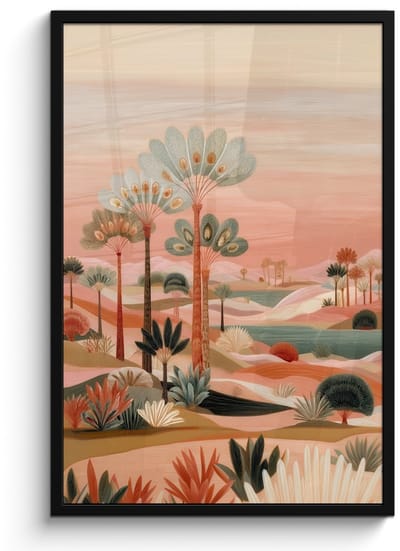Poster in lijst - Fotolijst 60x90 cm - Posters - Roze landschap - Palmen - Water - Posterlijst zwart - Decoratie - Wanddecoratie woonkamer - Muurdecoratie slaapkamer