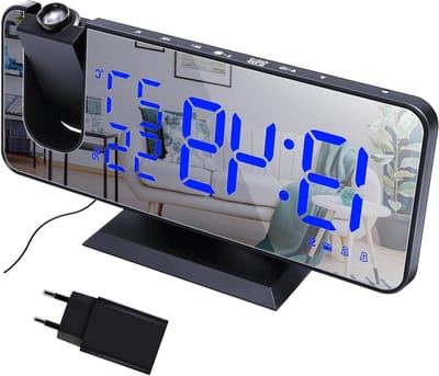 Projectie wekker - Nachtklok - Tijd bijhouden - Dubbel alarm instelbaar - 18.5 cm breed - Zwart