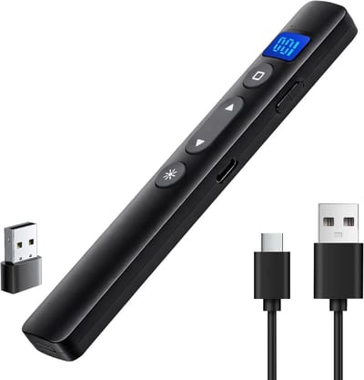 Draadloze 2-in-1 USB-C/USB-presentator met rode laser, 30m bereik en volumeregeling voor professionele presentaties, plug-and-play en compatibel met Mac, Windows, Linux & Android