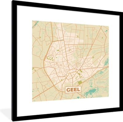 Fotolijst incl. Poster - Kaart - Retro - Stadskaart - Plattegrond - Geel - 40x40 cm - Posterlijst