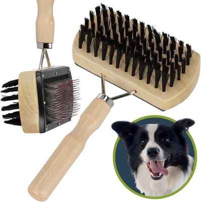 2in1 DUBBELZIJDIG borstel met houten handvat VOOR HET BORSTELEN VAN DE VACHT van honden en katten, NATUURLIJKE HAREN