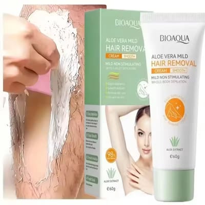 BIOAQUA Ontharingscrème Aloe Vera 60g | Gevoelige Huid | Voor Hele Lichaam | Pijnloze Haarverwijdering | Intieme Zone Bikini Oksels Benen | Hair Removal Cream Dames Heren Unisex | Hydraterend Verzachtend | Snelle Depilatie | Haar Verwijderaar