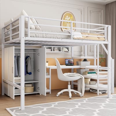 Hoogslaper 140x200 cm - Wit - Hoogslaper Met Kledingkast, Hoogslaper Met Planken, Hoogslaper Met Opbergtrap & Bureau - Tienerhoogslaper - Kinderhoogslaper - Zonder Matras - Praktisch en Ruimtebesparend