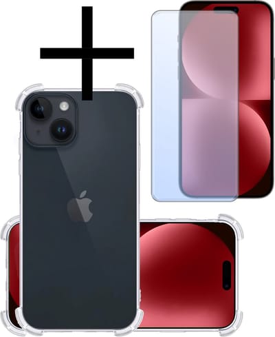 Hoesje - Met Screenprotector - Geschikt voor Apple iPhone 15 - Sterk & Shockproof - Siliconen Case - Back Cover - Telefoon Hoes - Shock Proof - Transparant