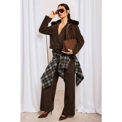 boohoo Dames Korte trenchcoat in suede-look met bontkraag | Chocolate | Maat: 8