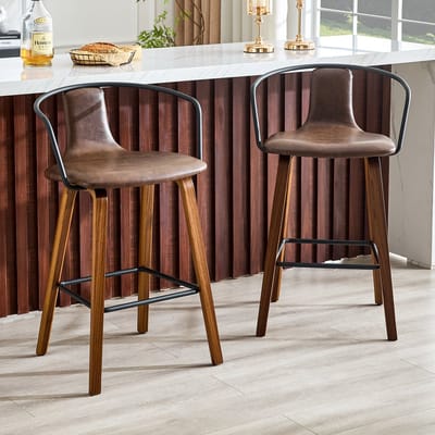 HAUSS SPOLE Barkruk - Barstoel Set Van 2 - Met Armleuning, Rugleuning En Voetsteun - Voor Keukeneiland En Bartafel - Kunstleer Bruin