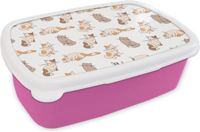 Broodtrommel Roze - Lunchbox - Brooddoos - Patroon - Kat - Kitten - Jongens - Meisjes - Kinderen - Kids - 18x12x6 cm - Kinderen - Meisje