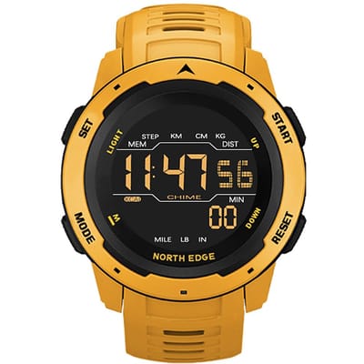 Montre numérique pour homme Montres de sport pour hommes Double fuseau horaire Podomètre Réveil Montre numérique étanche 50 M jaune