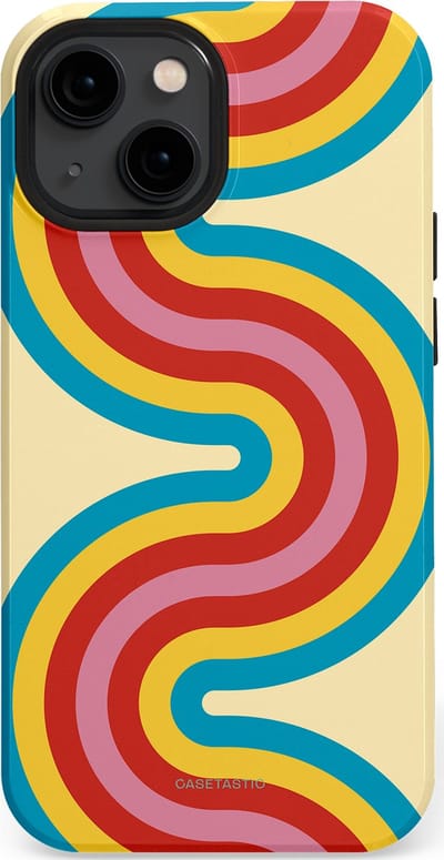 Casetastic hoesje geschikt voor Apple iPhone 13 mini - MagSafe - Dubbellaagse bescherming - Retro kronkels - Fashion Case - Crème Lichtblauw Goud Rood