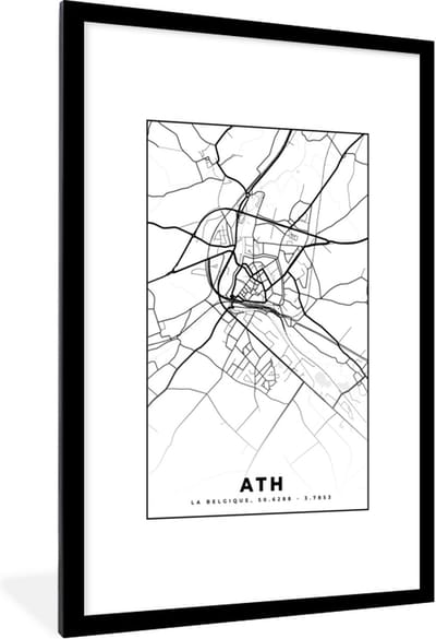 Fotolijst incl. Poster Zwart Wit- België – Ath – Stadskaart – Kaart – Zwart Wit – Plattegrond - 80x120 cm - Posterlijst