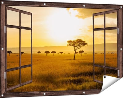 Gards Tuinposter Doorkijk Zonsondergang in de Savanne - 120x80 cm - Tuindoek - Tuindecoratie - Wanddecoratie buiten - Tuinschilderij