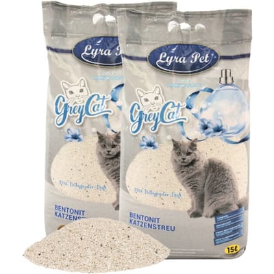 2 x 15 liter Lyra Pet® GreyCat® kattenbakvulling bentoniet met actieve kool
