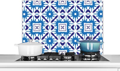 Spatscherm keuken 80x55 cm - Kookplaat achterwand Vector - Blauw - Tegels - Patronen - Muurbeschermer - Spatwand fornuis - Hoogwaardig aluminium