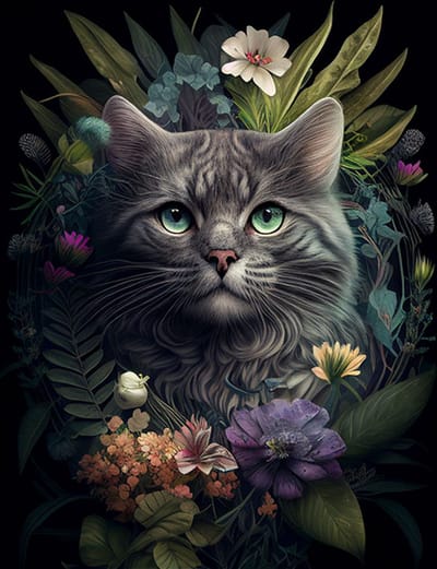 AI - Woondecoratie - Poster - Dieren - Kat - Bloemen en jungle - 37 - 40 x 50 cm