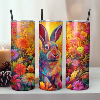 Creasowl® Konijn met bloemen roestvrijstalen tumbler beker met deksel en rietje - koffie drinkbeker - thermosbeker to go - koffiebeker - thermos beker - reismok - travel mug - houdt drankjes warm of koud - voor in de auto - voor onderweg