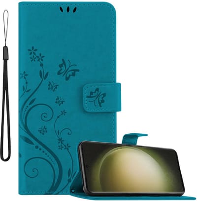 Cadorabo Hoesje geschikt voor Samsung Galaxy S23 ULTRA in BLOEMEN BLAUW - Beschermhoes in bloemmotief met magnetische sluiting, standfunctie en kaartsleuven Book Case Cover Etui