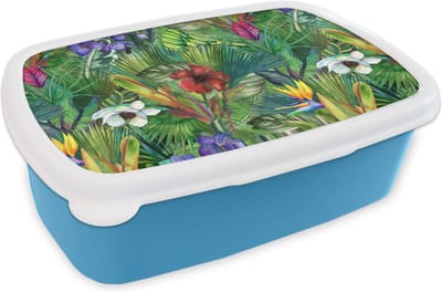 Broodtrommel Blauw - Lunchbox - Brooddoos - Regenboog - Flora - Jungle - Patronen - 18x12x6 cm - Kinderen - Jongen