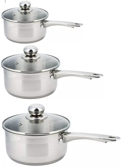 3 x steelpan / sauspan - steelpan met glazen deksel - Ø12, Ø14, Ø16 cm - RVS - 0,5 / 1 / 1.5 liter
