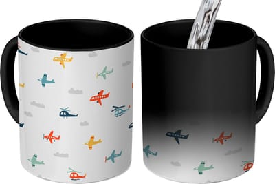 Magische Mok - Foto op Warmte Mokken - Koffiemok - Patronen - Helicopter - Vliegtuig - Jongens - Kinderen - Kids - Magic Mok - Beker - 350 ML - Theemok