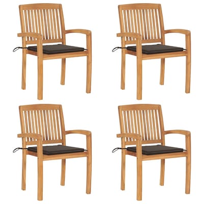 vidaXL - Tuinstoelen - stapelbaar - 4 - st - met - kussens - massief - teakhout