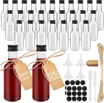 Famanu - 28 Stuks Mini-likeurflessen 50 ml met zwarte dop, pen, hanglabel en trechter, herbruikbare drankflessen – Transparant