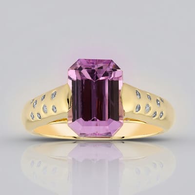 Cavill - Gouden ring 375 geelgoud met Patroke Kunziet 3,924 ct achthoekig en 0,091 ct diamanten - Elegante luxe verlovingsring dames paars