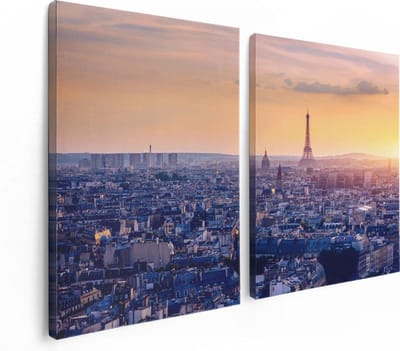 Artaza Canvas Schilderij Tweeluik Skyline Van Parijs Tijdens Zonsondergang - 120x80 - Foto Op Canvas - Canvas Print