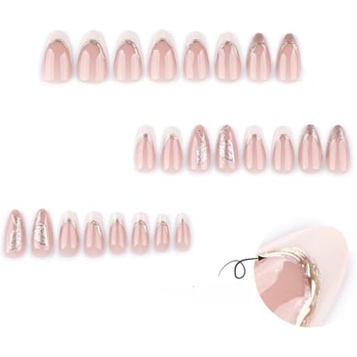 24 Stuks Handgemaakte Nagelstickers, Korte Nagels, Amandelvormige Kunstnagels, Gouden Lijn, Witte Franse Nagels, Manicure Press-On Nagels, Gouden Strik Decoratie