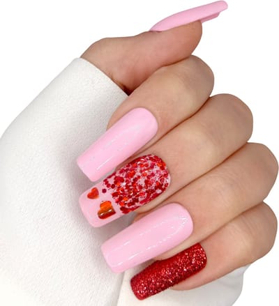 SD Press on Nails - No. 16. Love is in the Air - Plaknagels met nagellijm - Roze Rood Hartjes - Set 20 Nagels - Handmade - Lang Recht - Kunstnagels - Nail Art - Handgemaakt - Gellak - Nagellak - Accessoires
