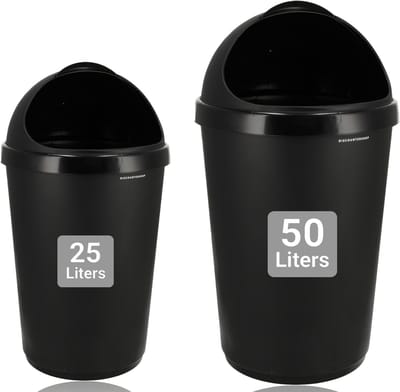 Prullenbak Set 50L & 25L Zwart – Kunststof Vuilnisbakken met Deksel – Ronde Afvalemmers voor Keuken, Badkamer, Huishouden & Kantoor – Afvalbakken Set