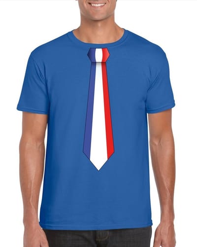 Supporters T-shirt - blauw - met vlag Frankrijk kleuren stropdas - heren - korte mouw S
