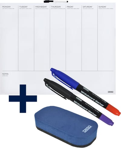 DESQ® Weekplanner met Stiften en Wisser - Frameloos - Magnetisch - Droog Uitwisbaar - Horizontale indeling - 40 x 50 cm
