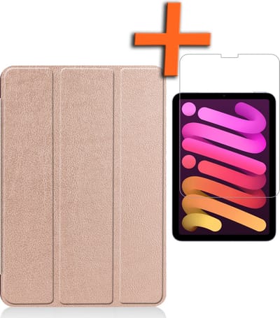 Hoesje - Geschikt voor Apple iPad Mini 6 (2021) - 8.3 inch - 6e Generatie - Met Screenprotector - Trifold Bookcase - Hard Cover - Hardcover Book Case - Tablet Hoes - Rosé goud