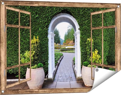 Gards Tuinposter Doorkijk Doorkijk met Potten - 90x60 cm - Tuindoek - Tuindecoratie - Wanddecoratie buiten - Tuinschilderij